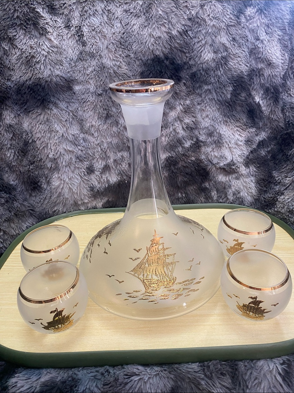 Vintage 1970s Bohemian crystal nautical liqueur/whiskey decanter set